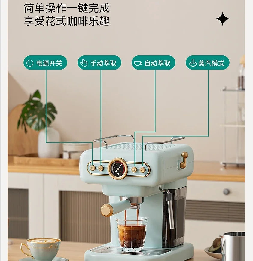 Retro light blue espresso machine with analog pressure gauge, gold accents, and manual extraction controls.