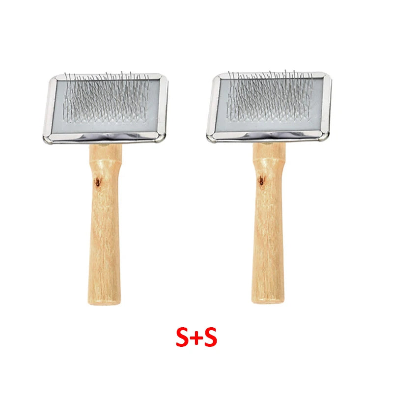 Two pet slicker brushes with wooden handles for grooming dogs and cats or removing lint from clothing and sweaters.