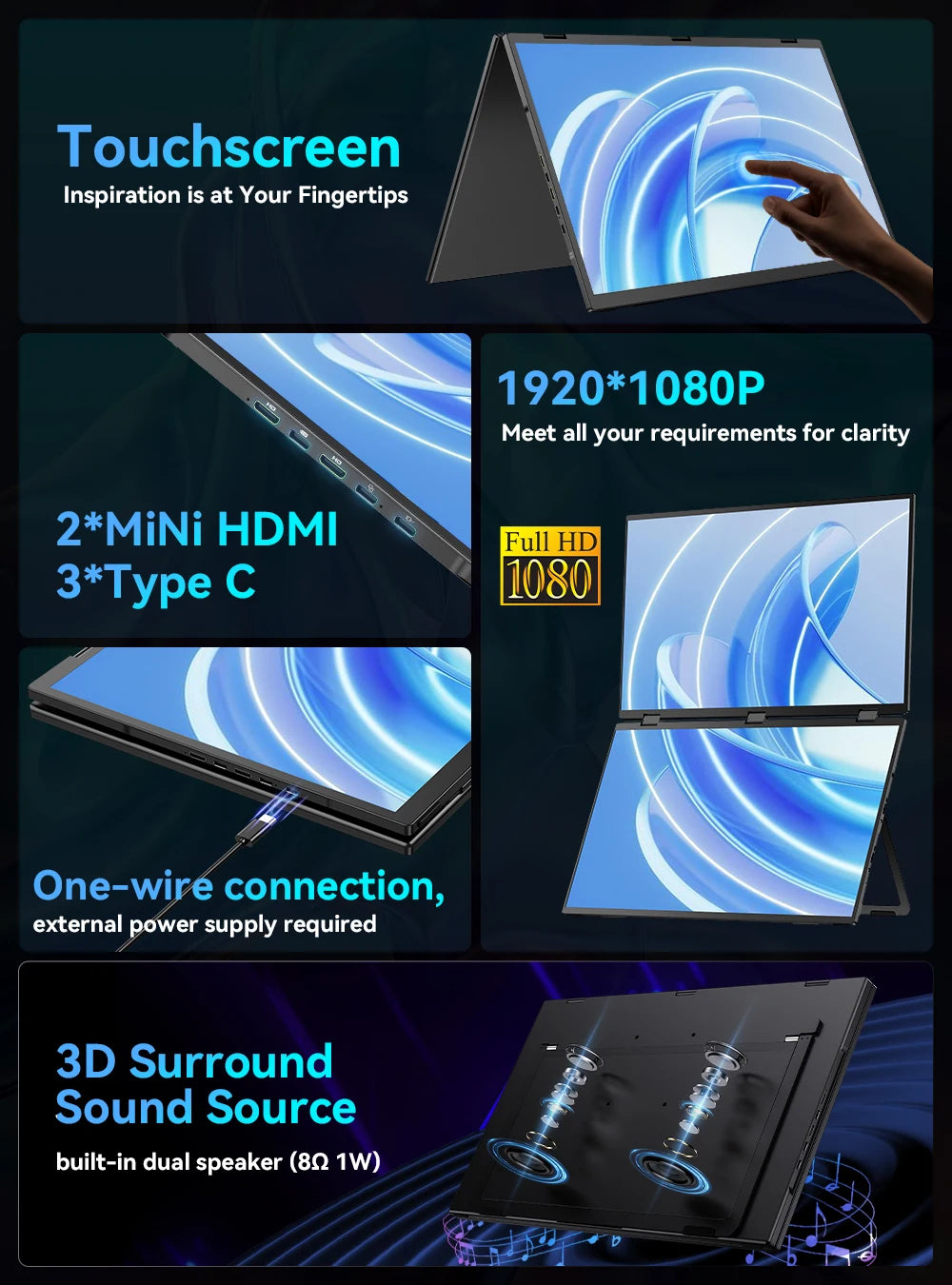 UPERFECT Delta Max Touch 18.5" 100Hz Stacked Monitor Laptop Touchscreen Folding Dual Mobile Computer Display W/ USB C Mini HDMI