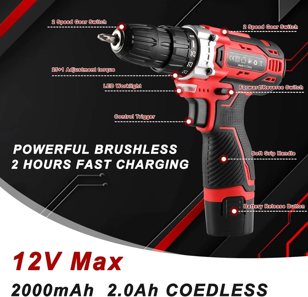 138-Tool Box with Cordless Screwdriver - Extensive Tool and Drill Set w/ 12V Electric Cordless Drill for Repairs and Maintenance