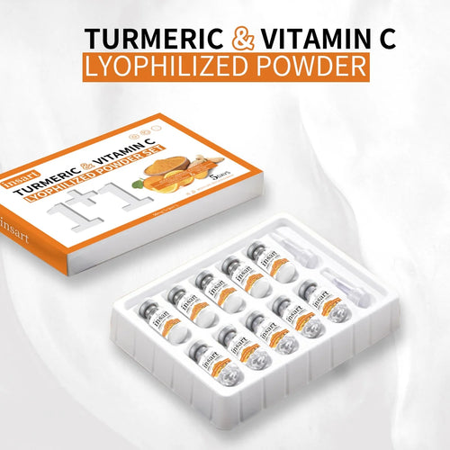 Anti-inflammatory turmeric & vitamin C lyophilized powder set, 10 vials, in white and orange packaging.