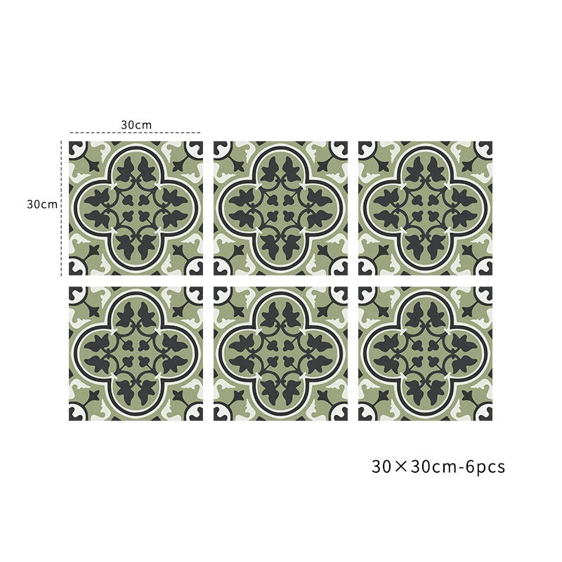 Peel-and-stick vinyl tile set, dark green floral quatrefoil pattern, 6pcs 30x30cm