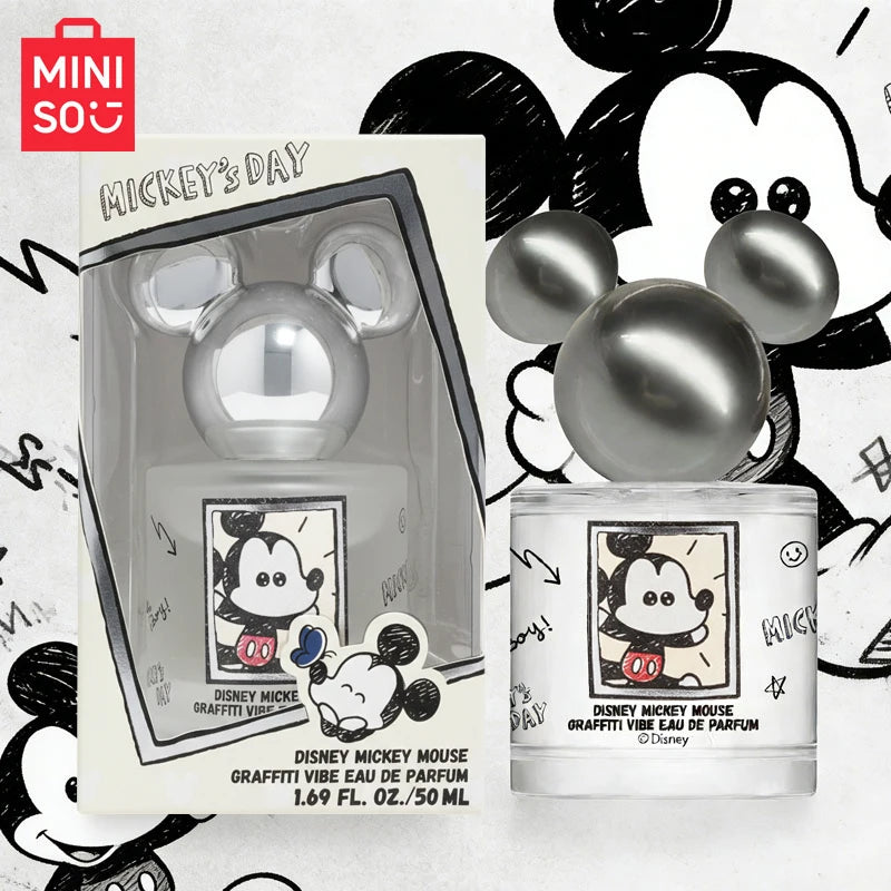 MINISO Disney Mickey Mouse Graffiti Vibe EDP: 50ml floral perfume for women in a unique Mickey-shaped bottle.