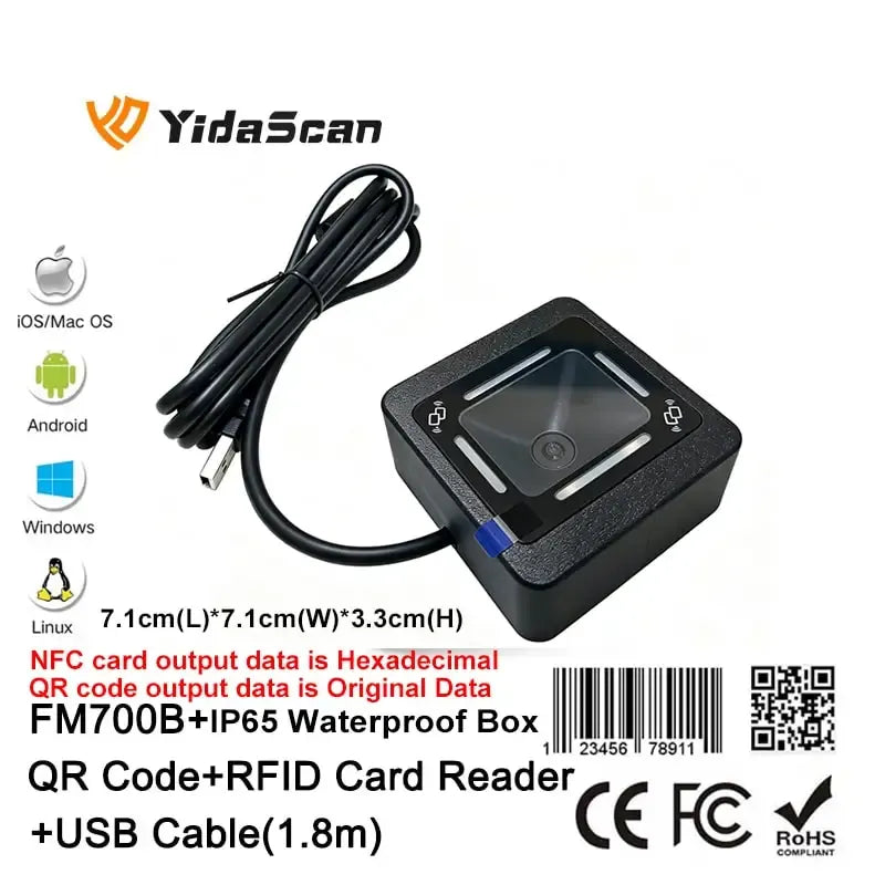 Black QR and RFID card reader with coiled USB cable and rugged mounting box
