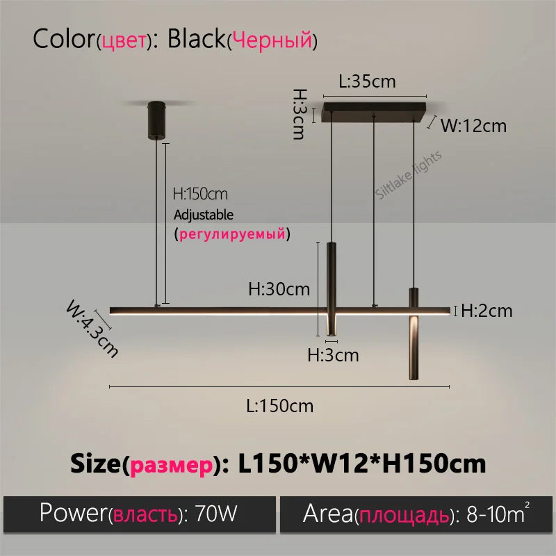 Linear LED Chandelier for Dining Room - Modern Dimmable Pendant Light Black L150cm Tidesmit