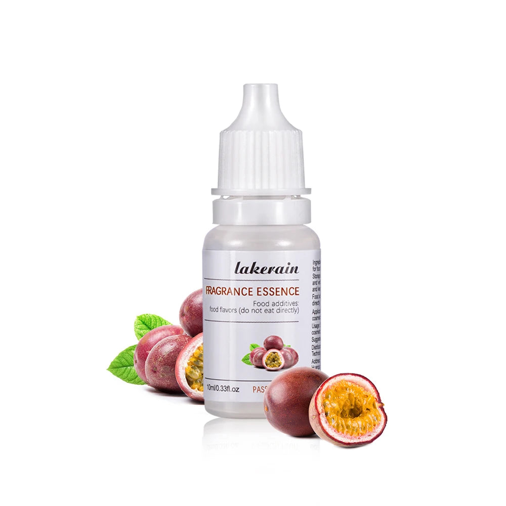 10ml Lakerain passion fruit fragrance oil for DIY lip gloss, soap making, and cosmetics in a clear plastic bottle.