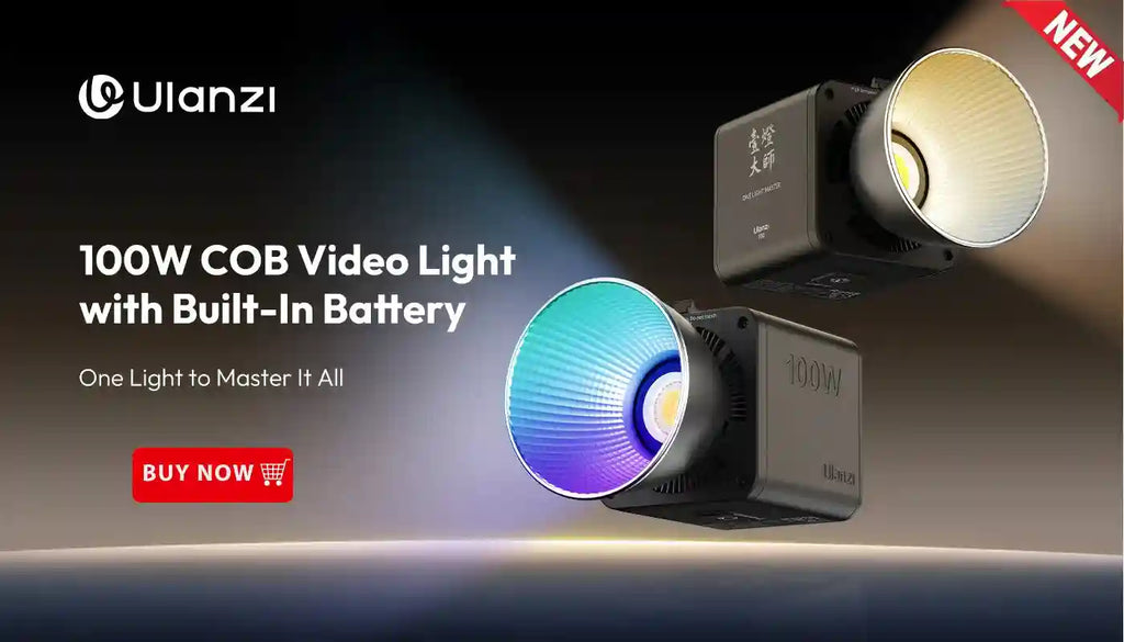 100W COB video light with square body and circular reflector, providing adjustable light for professional production.