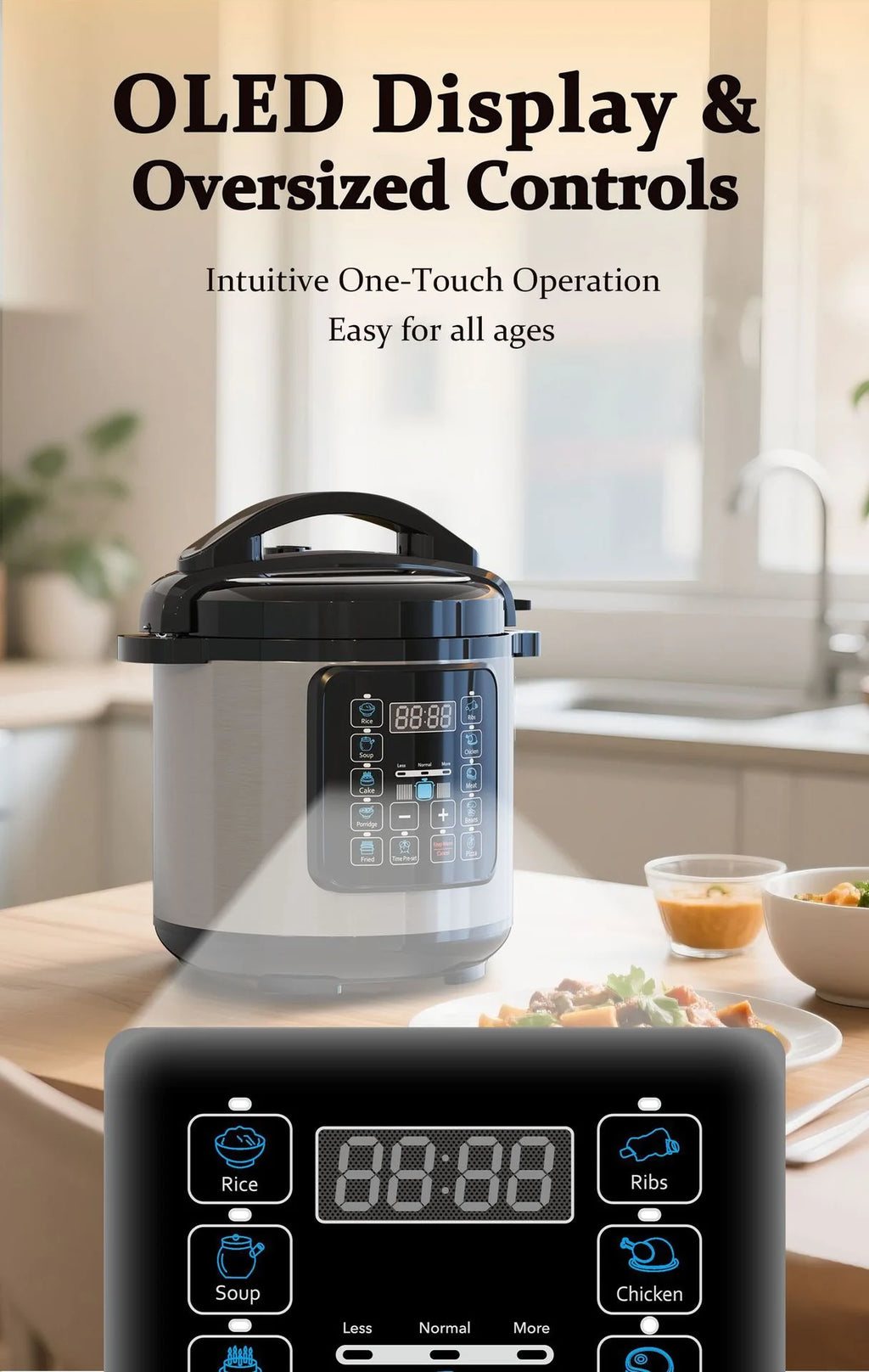 Electric pressure cooker with oversized control panel and bright LED display, compact view