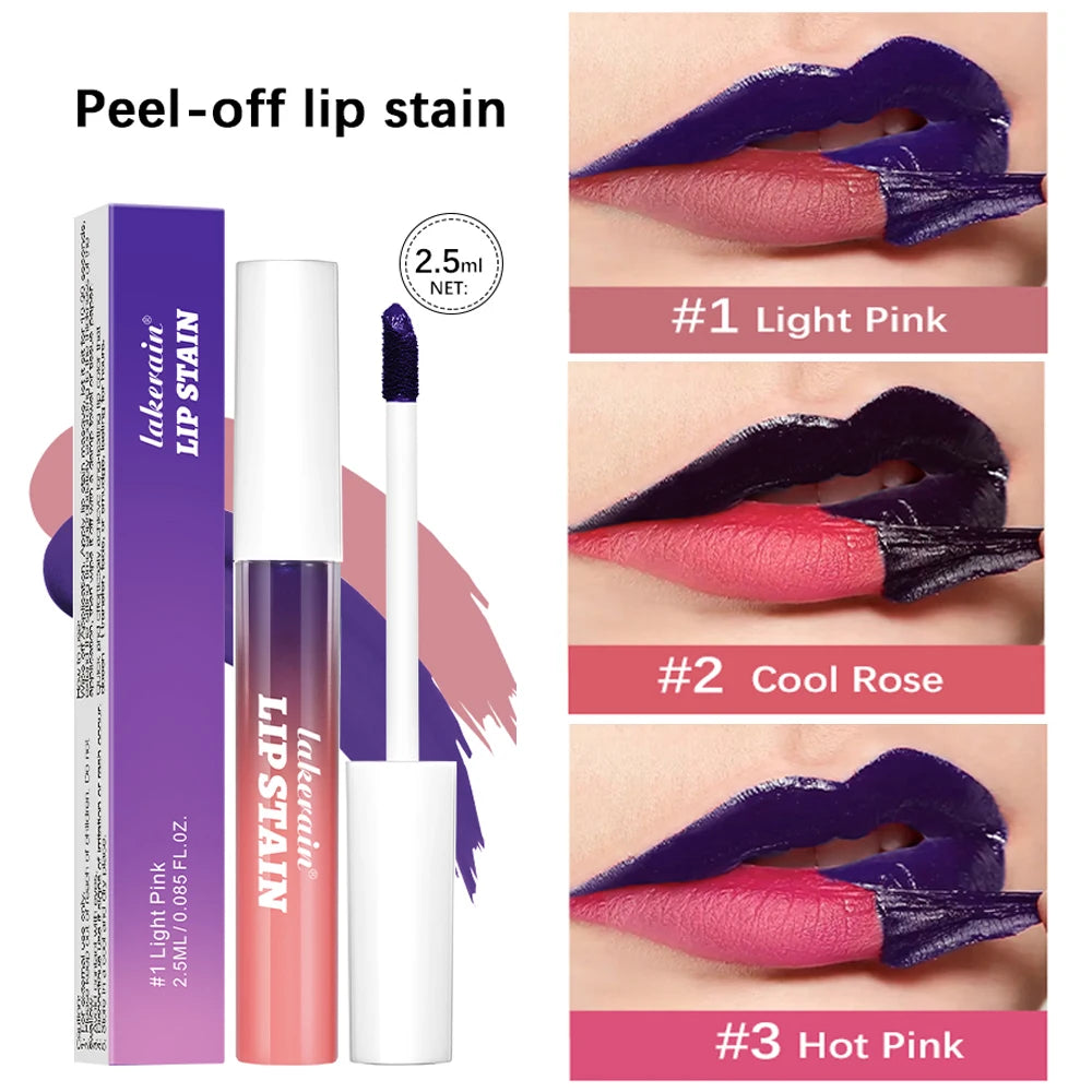 Waterproof peel-off lip stain in pink shades. Matte, long-lasting, transfer-proof liquid lip tint for vibrant color.