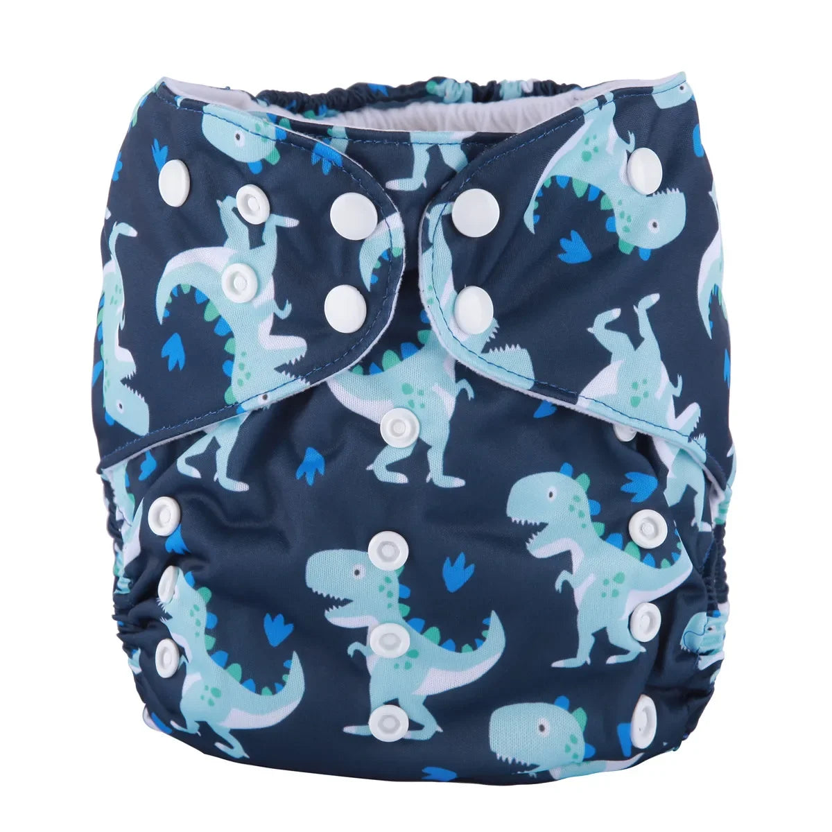 Reusable cloth baby diaper with adjustable snaps and cute blue dinosaur print design.