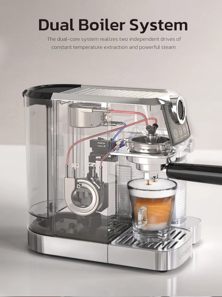 Transparent dual boiler espresso machine in silver with internal heating system visible, brewing into a glass cup.