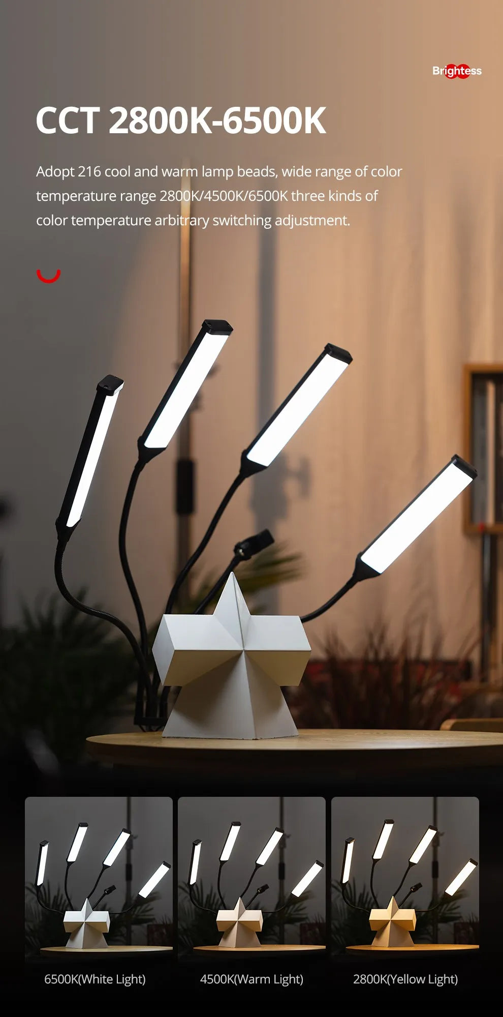 Adjustable LED desk lamp with four gooseneck arms, white star-shaped base, and varying color temperature settings.