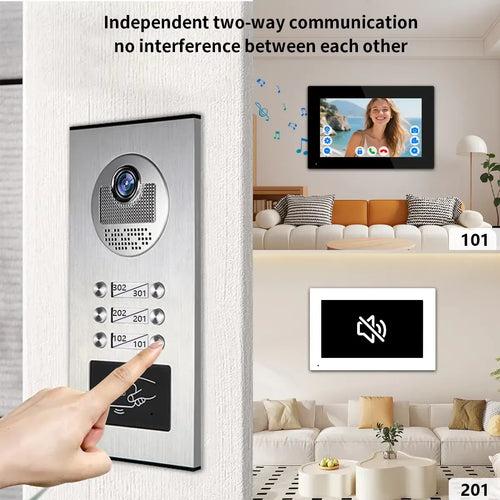 Wall-mounted stainless outdoor video intercom panel with call buttons and speaker grille