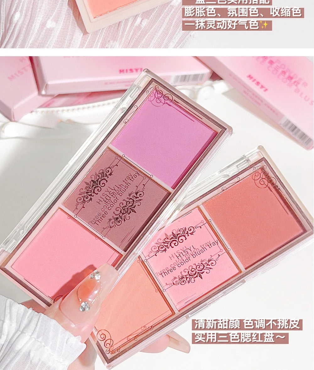 Tidesmit HISYI three-color matte blush palette for natural nude makeup look featuring buildable face makeup texture