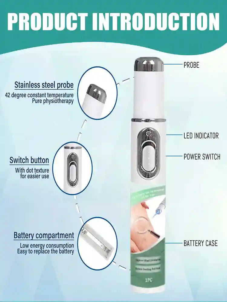 White laser handheld device for spider vein removal with stainless steel probe, LED indicator, and battery compartment.