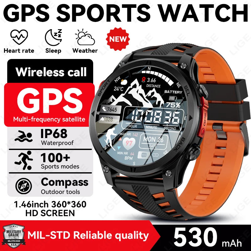 GPS sports watch with black case and orange silicone strap, circular HD display