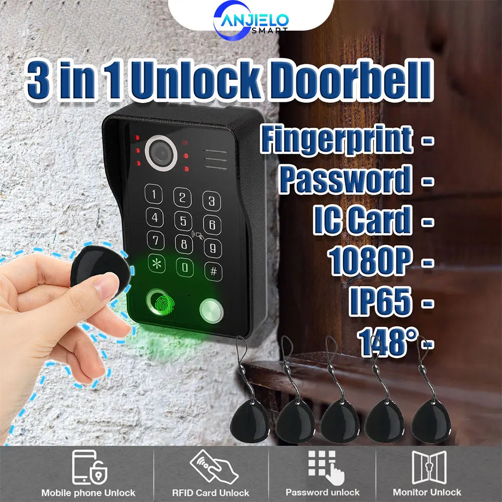 ANJIELO Fingerprint IC Card Password 3in1 Unlock Doorbell Video Intercom for Home 1080P 148° Wide View  4-wired System