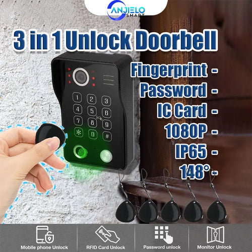 ANJIELO black video doorbell with fingerprint keypad, camera lens, and IC card reader.