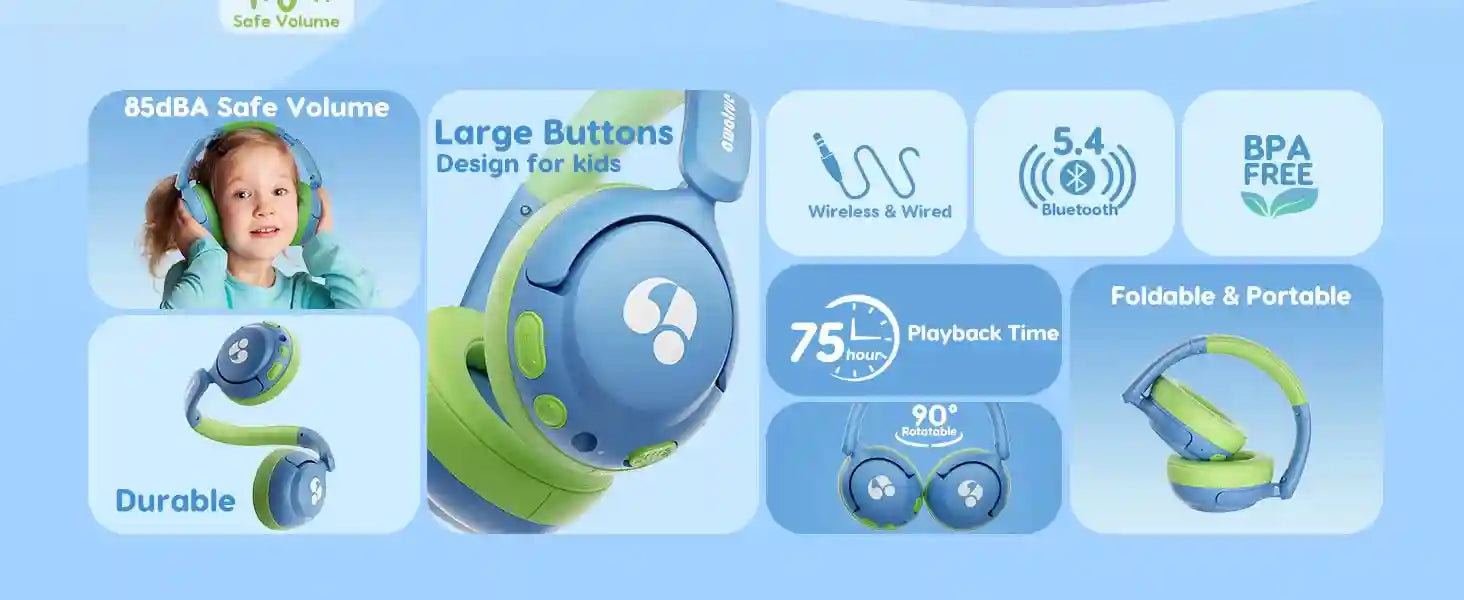 Wireless Kids Headphones - Volume Limited Over-Ear Stereo Audio Tidesmit