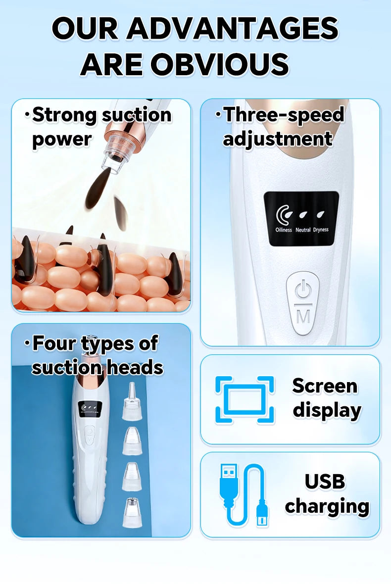 Electric blackhead remover vacuum with 4 suction heads, 3-speed display, and USB charging for facial acne cleaning.