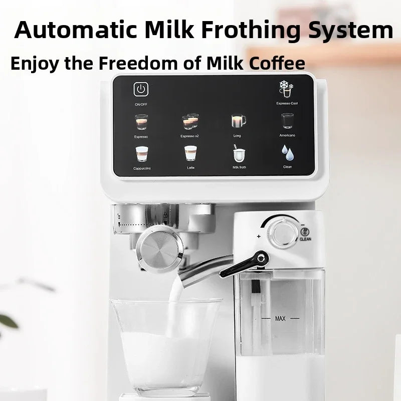 White automatic espresso machine with touchscreen, integrated milk frother, and visible milk reservoir.