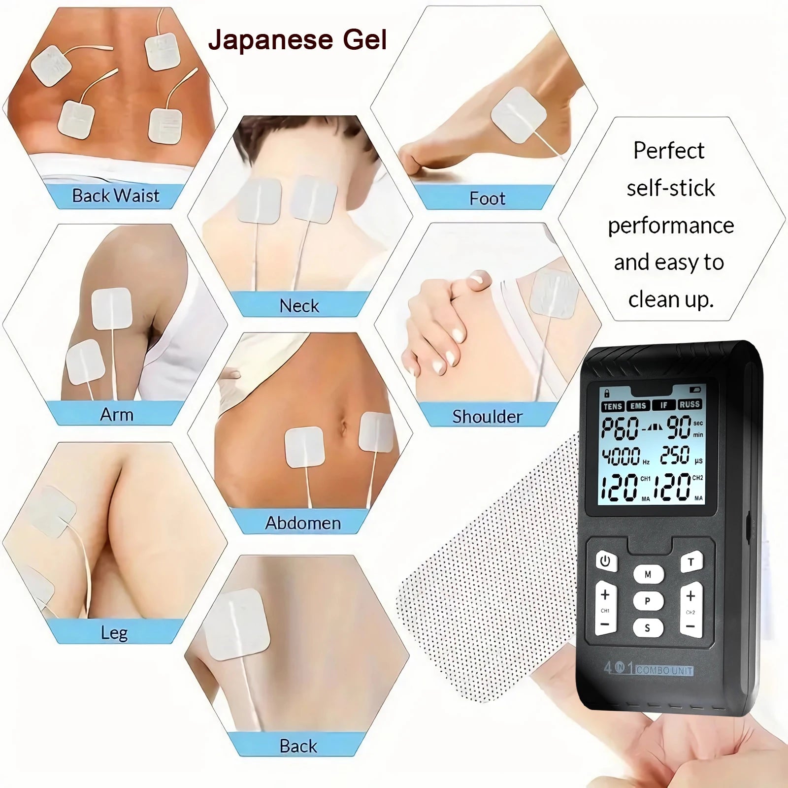 Portable IFT RUSS EMS physiotherapy device with LCD screen and adhesive electrode pads for full-body muscle pain relief.