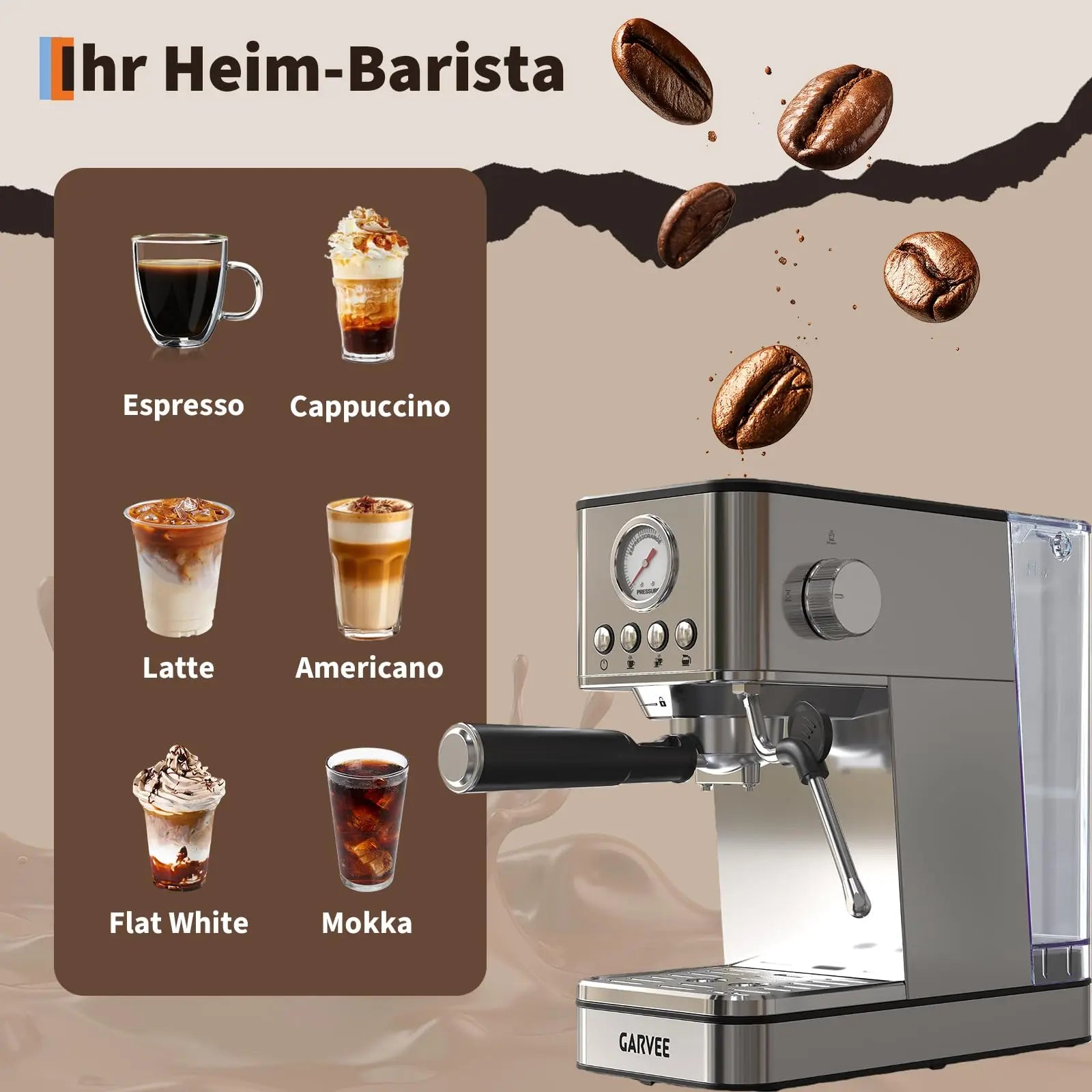 Garvee stainless steel espresso coffee machine with pressure gauge and portafilter for various cafe-style drinks.