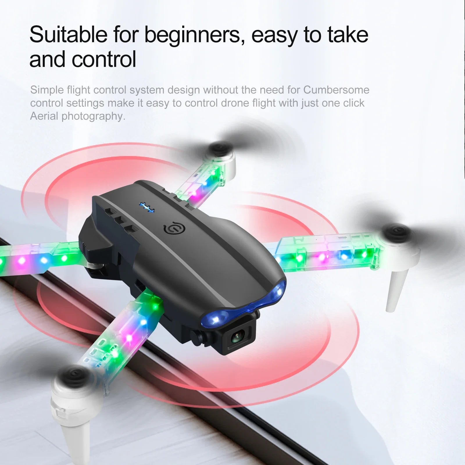 Black beginner drone with a front camera and colorful LED-lit arms for flight and aerial photography.