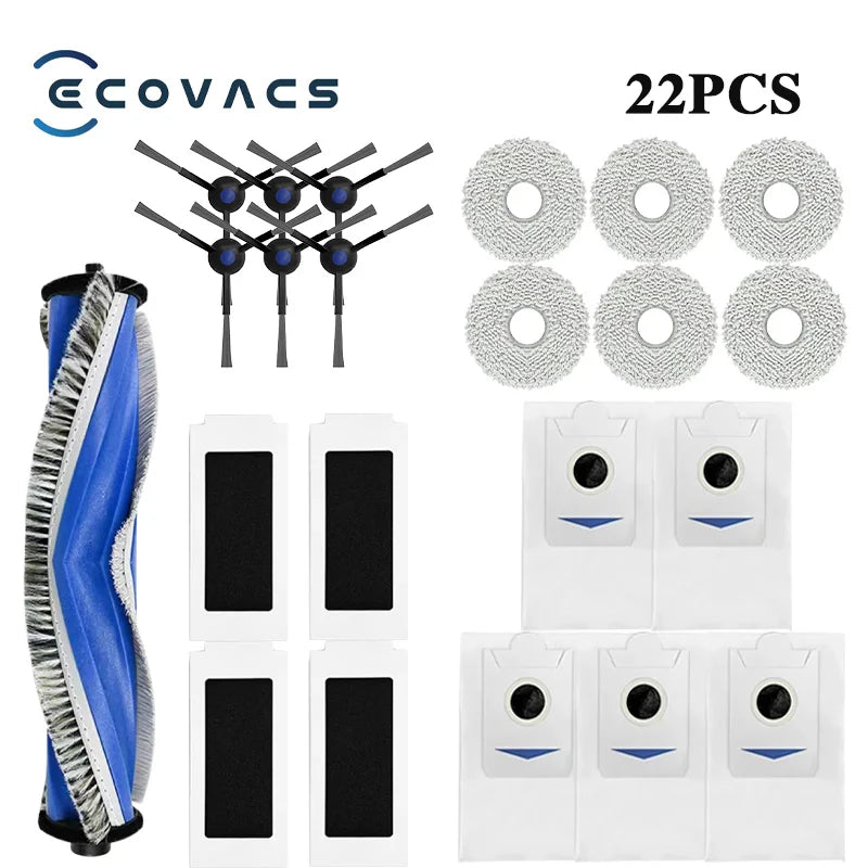 Tidesmit replacement parts kit for ECOVACS T30 PRO OMNI including dust bag, filter, brushes, and mop pads