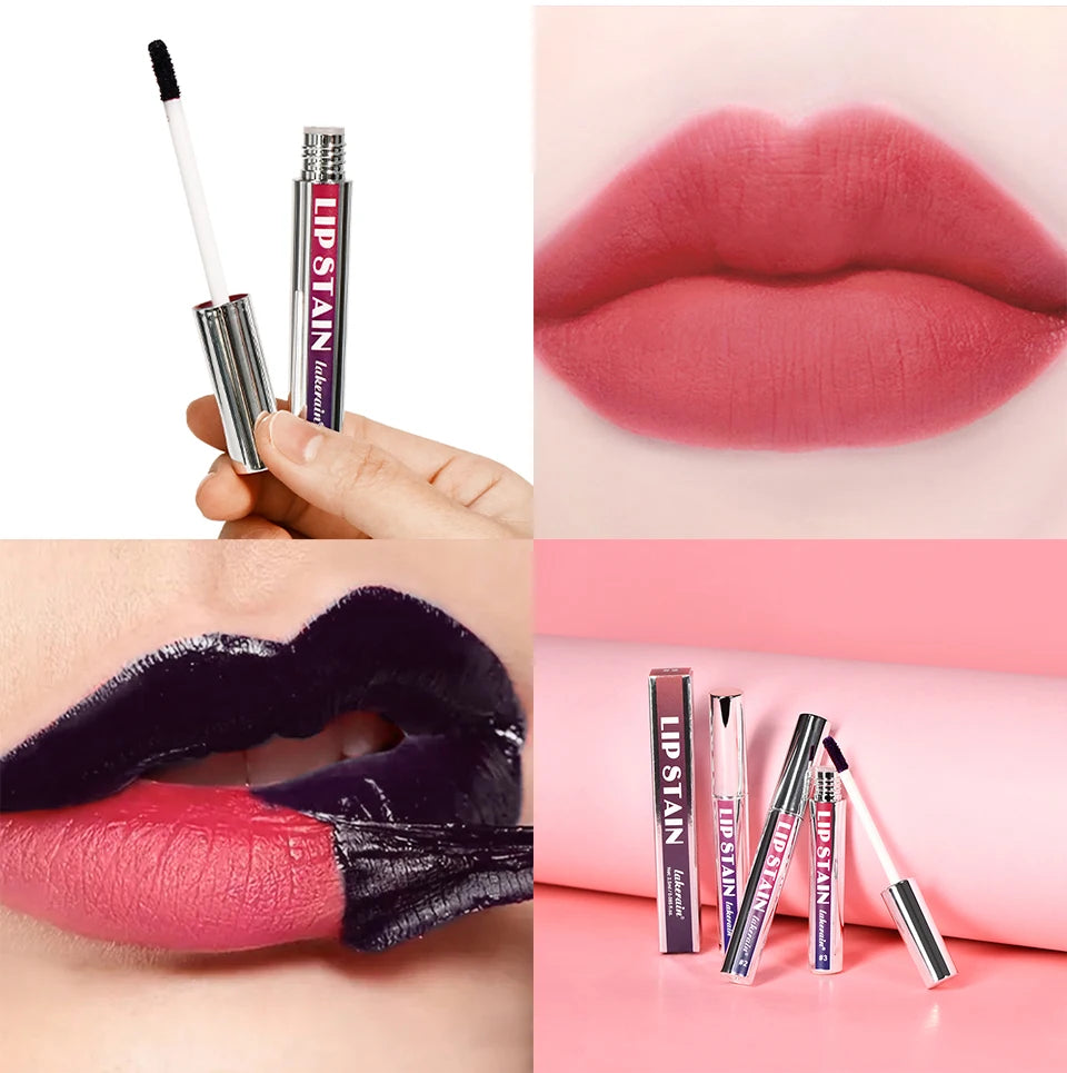 Lakerain waterproof peel-off lip stain with matte finish, showing applicator, pigmented tint, and long-lasting results.