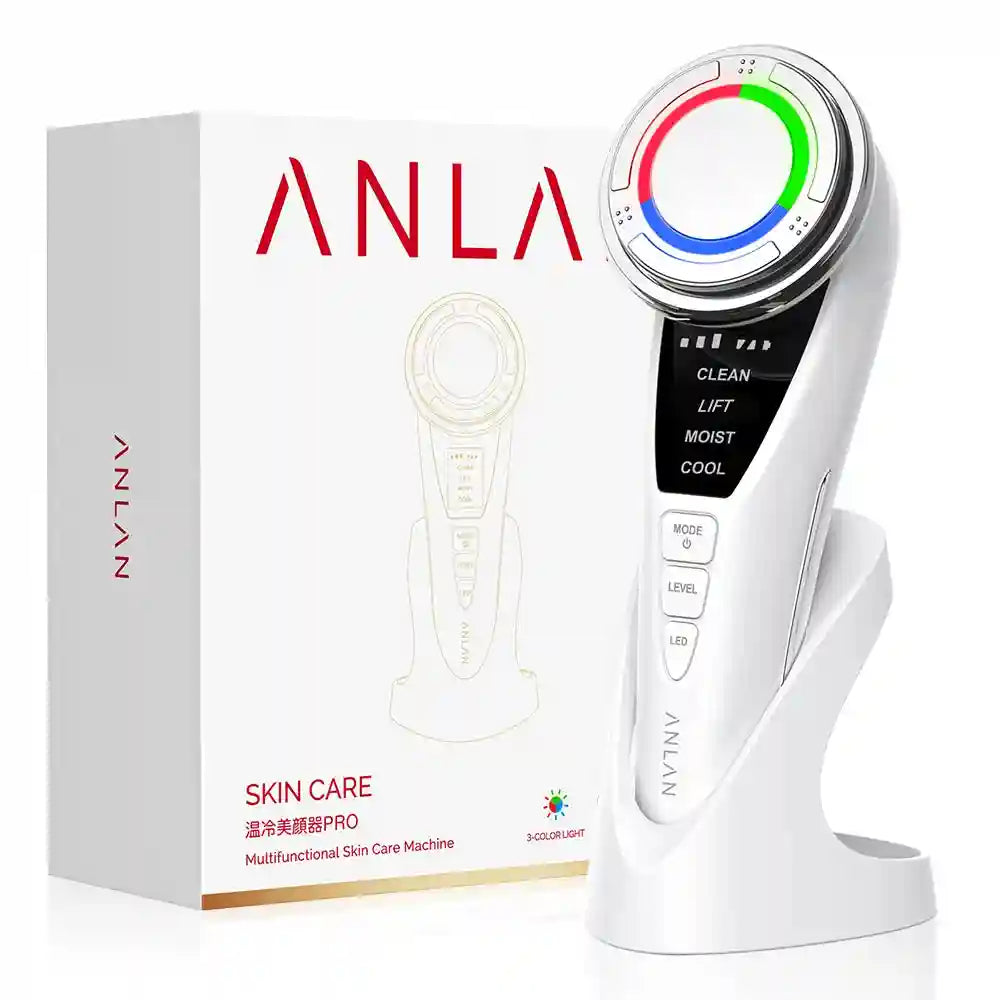 ANLAN EMS facial massager with LED light therapy, cold compress, and charging stand for anti-aging skincare routine.