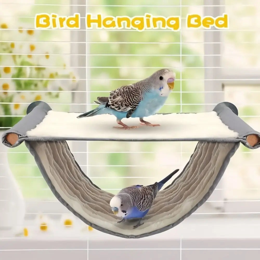 Warm grey yellow fleece bird hammock, a washable hanging cage perch for small parrots to rest and relax.