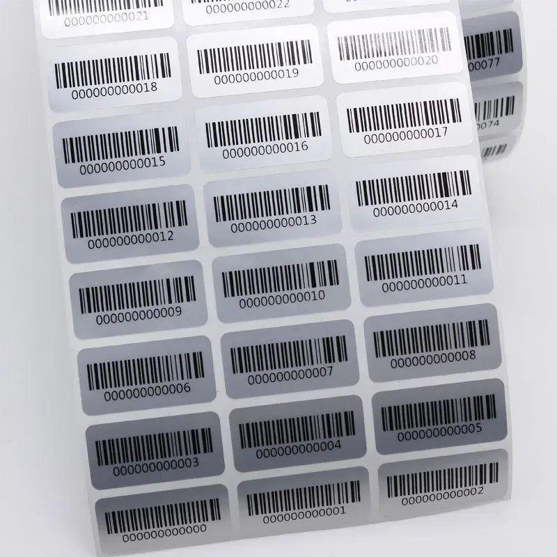 Barcode sticker sheet showing multiple labels with rounded edges in neat rows.