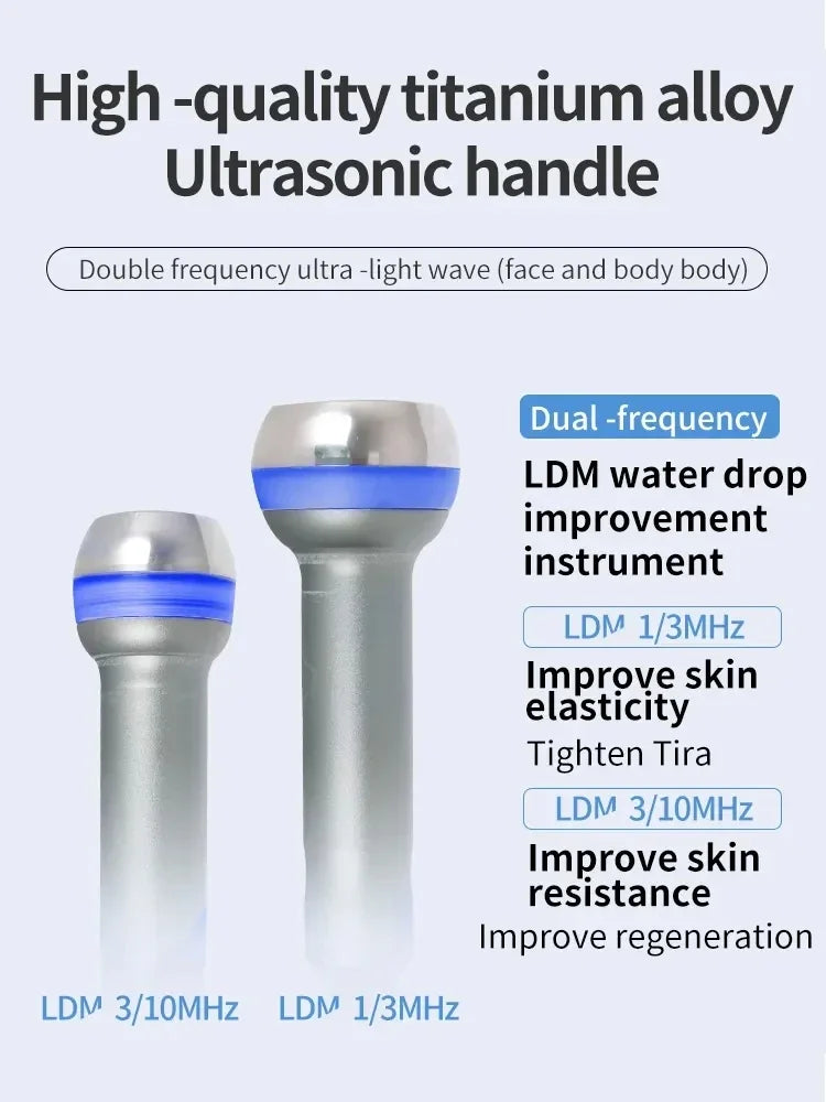 Dual-frequency titanium ultrasonic LDM beauty machine handles for face lifting, skin tightening, and anti-aging therapy.