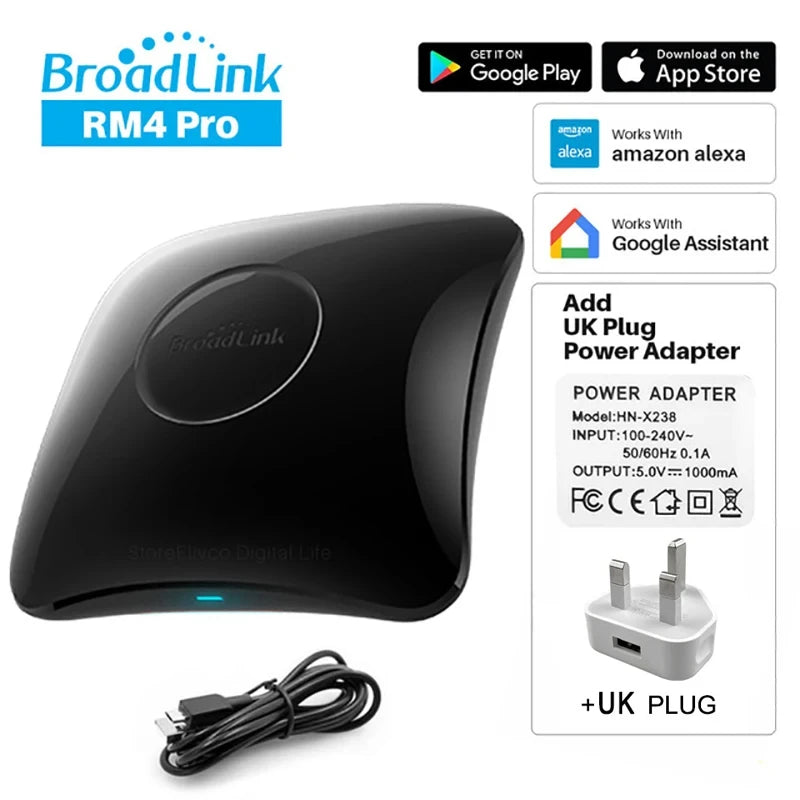 BroadLink universal smart remote hub kit with UK plug power adapter and USB cable