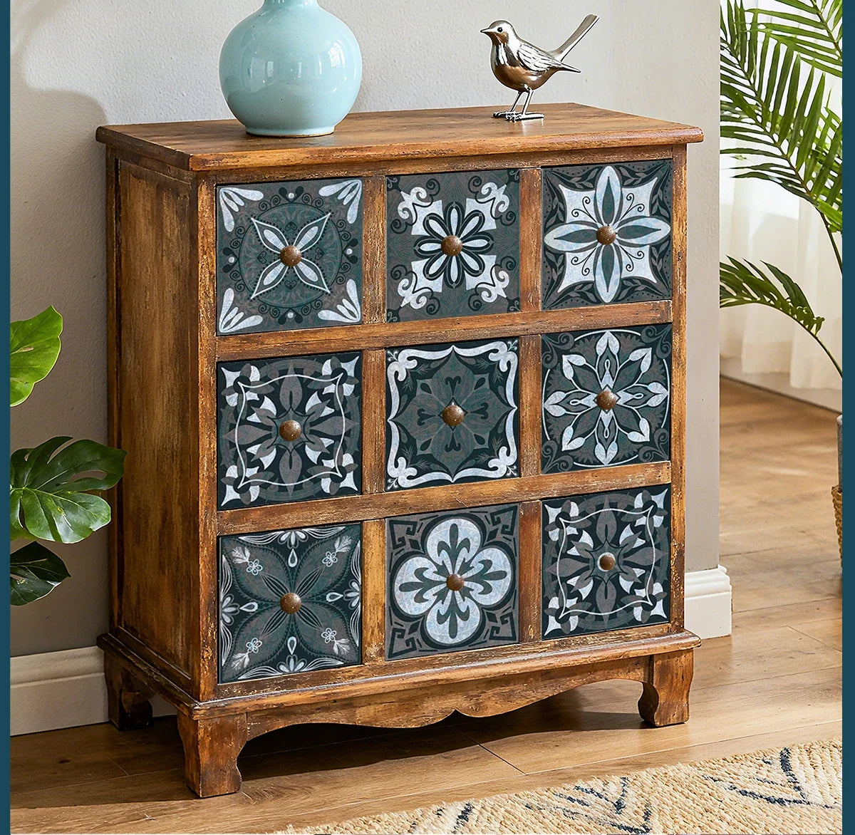 Dark Grey Vintage Boho Floral Tile Stickers Self Adhesive Glossy PVC Waterproof Decals Cabinet Kitchen Bath Wall Backsplash Deco