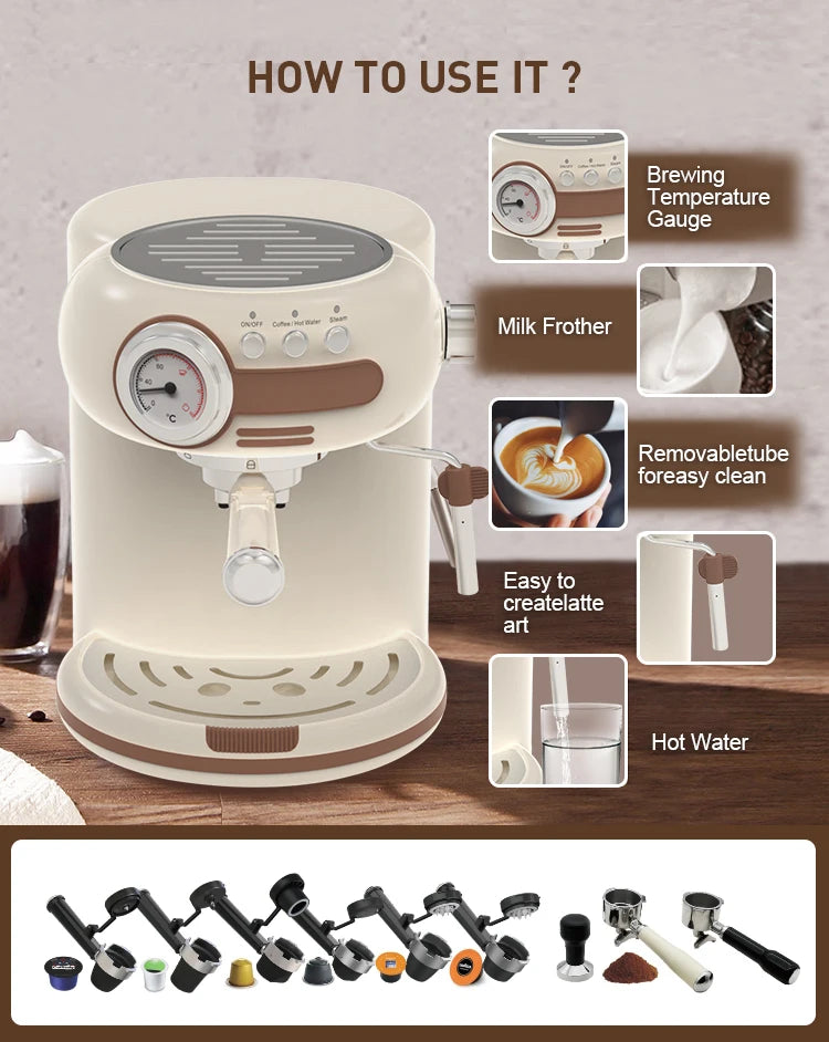 Cream-colored espresso machine with pressure gauge, milk frother, and multi-capsule portafilter set for coffee lovers.