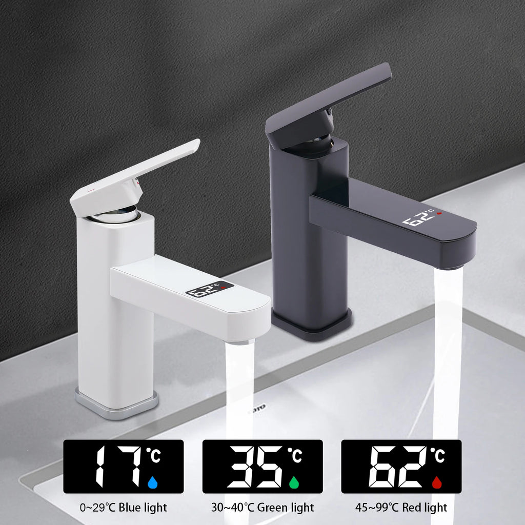 Black/White LED's Smart 0-99°C Temperature Digital Display Faucet 10.5*17.5cm G1/2" Deck Mount Basin Faucet