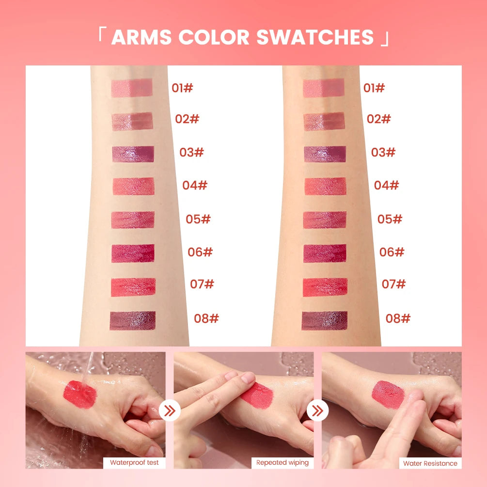 QIBEST watery lip glaze color swatches showing mirror glossy, long-lasting, waterproof liquid lipstick in 8 shades.