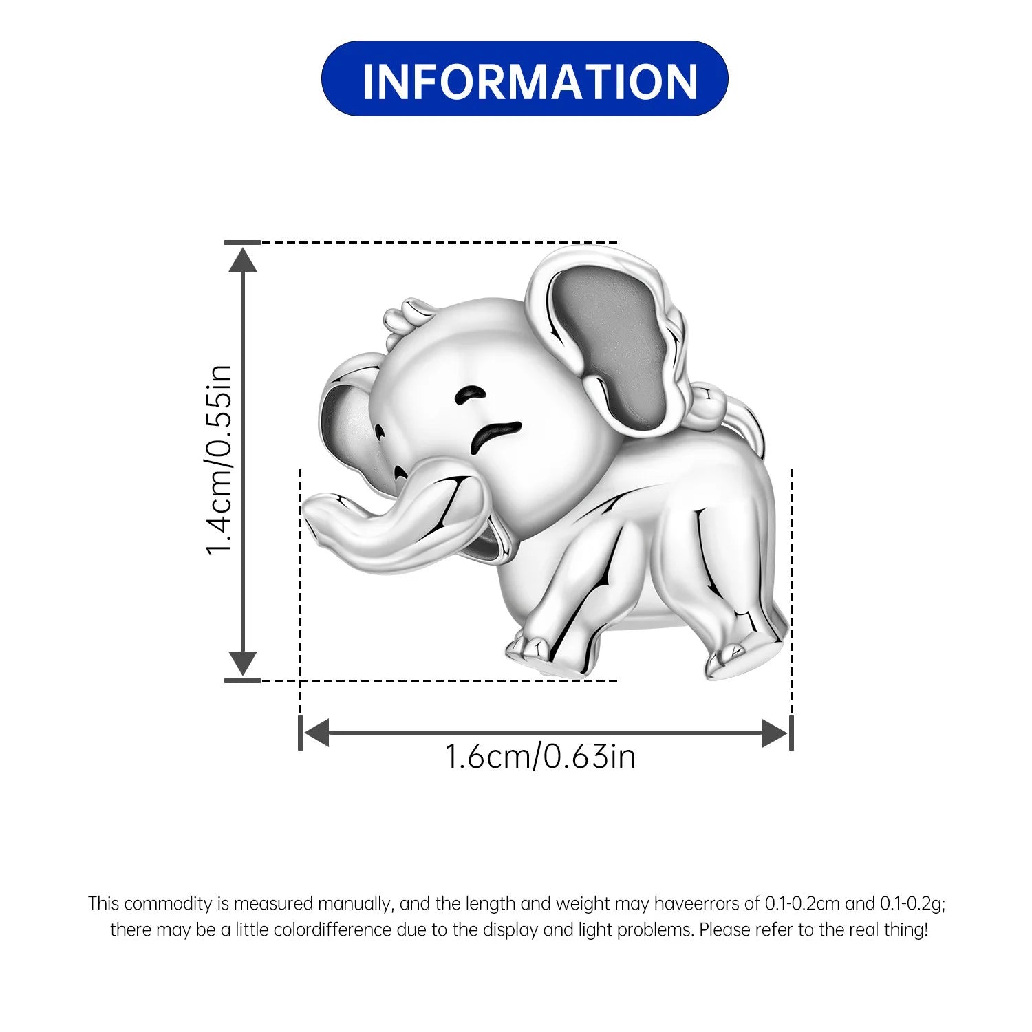 Cute sterling silver elephant charm bead for DIY bracelets, 1.4x1.6cm animal-themed jewelry gift for pet lovers.