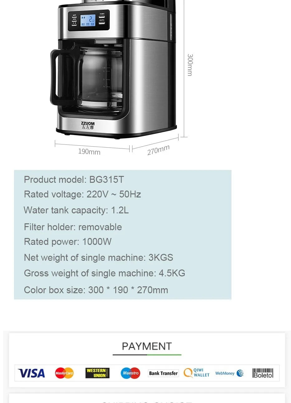 ZZUOM BG315T stainless steel coffee maker with 1.2L glass carafe, digital display, and 1000W power.