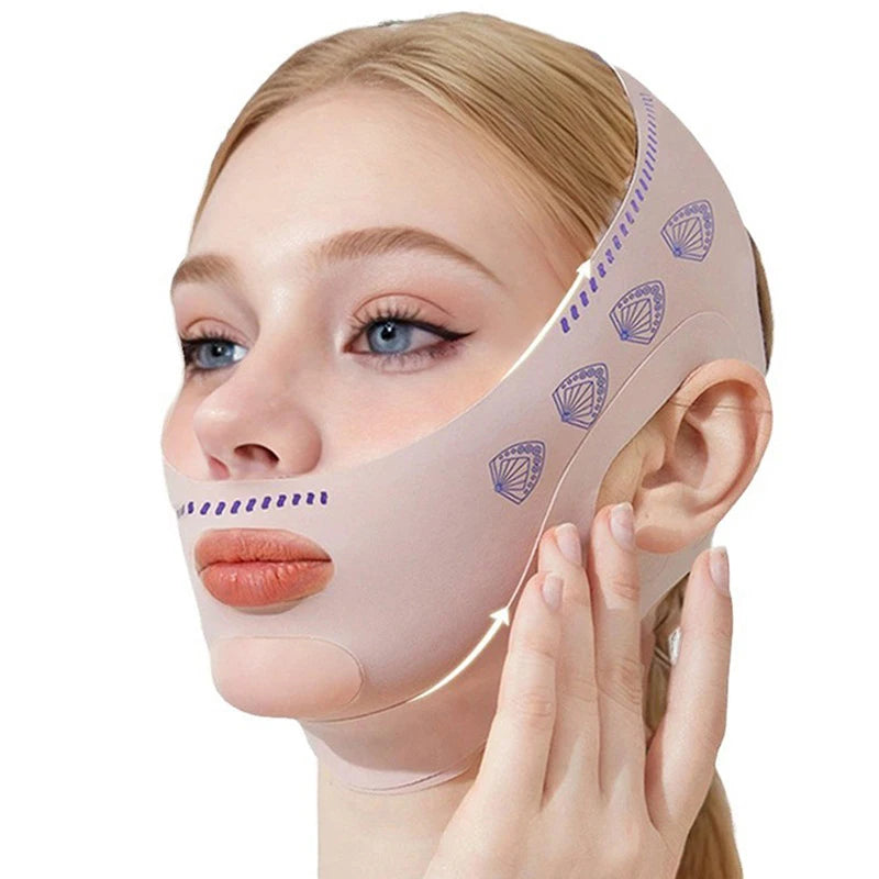 Beige V-line face slimming bandage strap for lifting jawline, reducing double chin, and facial contouring.