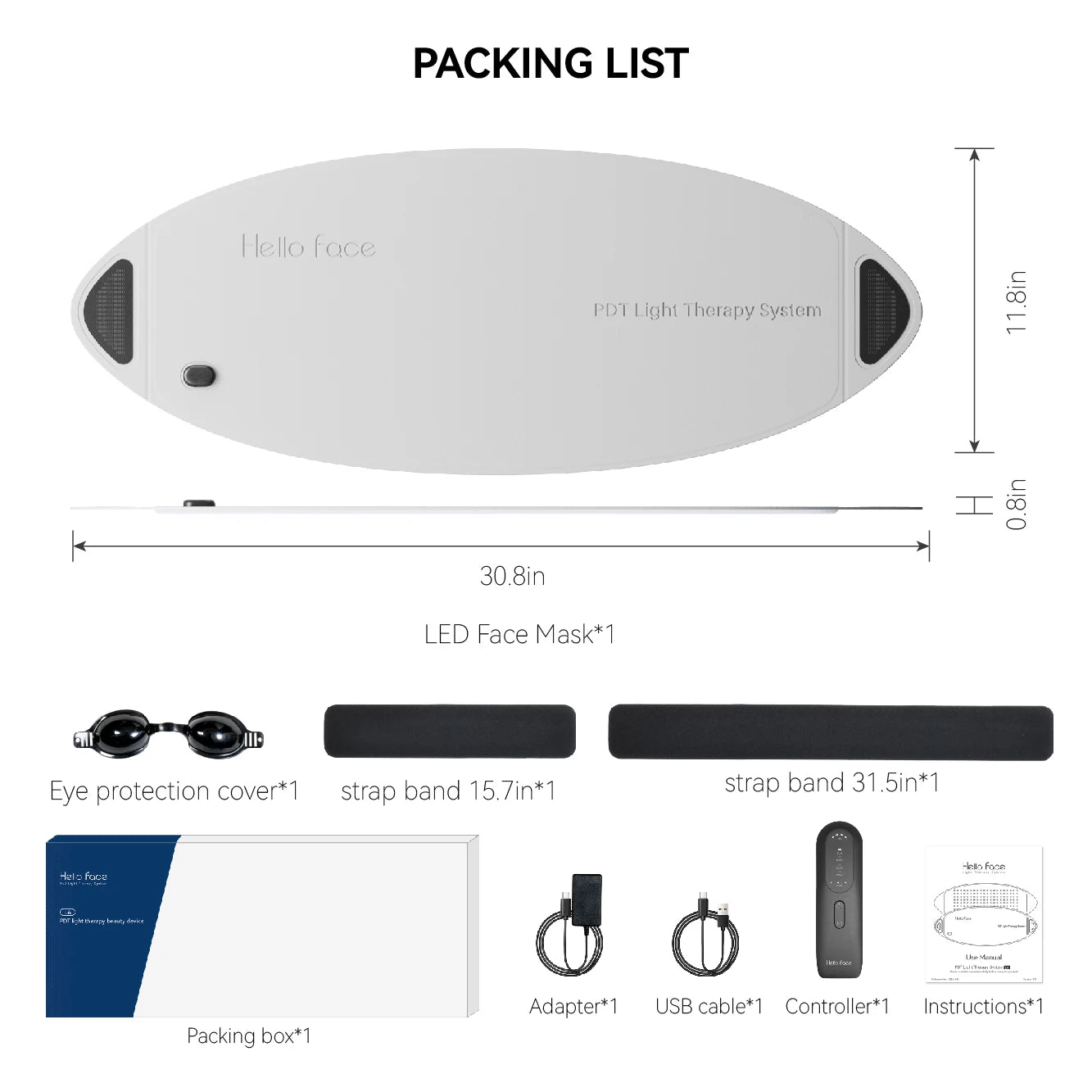 Packing list for Hello Face L6 LED therapy device, including oval face mask, straps, goggles, controller, and cables.