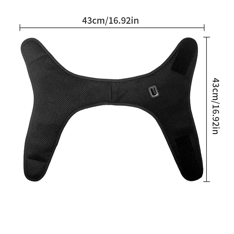 Black X-shaped mesh face heating wrap with power button, 43cm dimensions shown on white background.