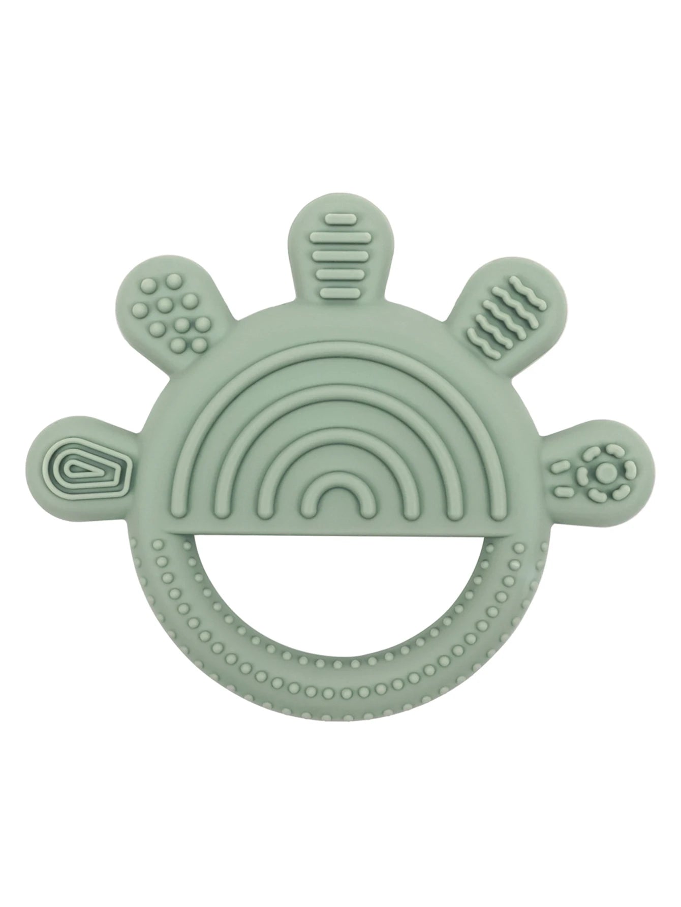Sage green silicone baby teething ring with textured patterns for baby teething relief.