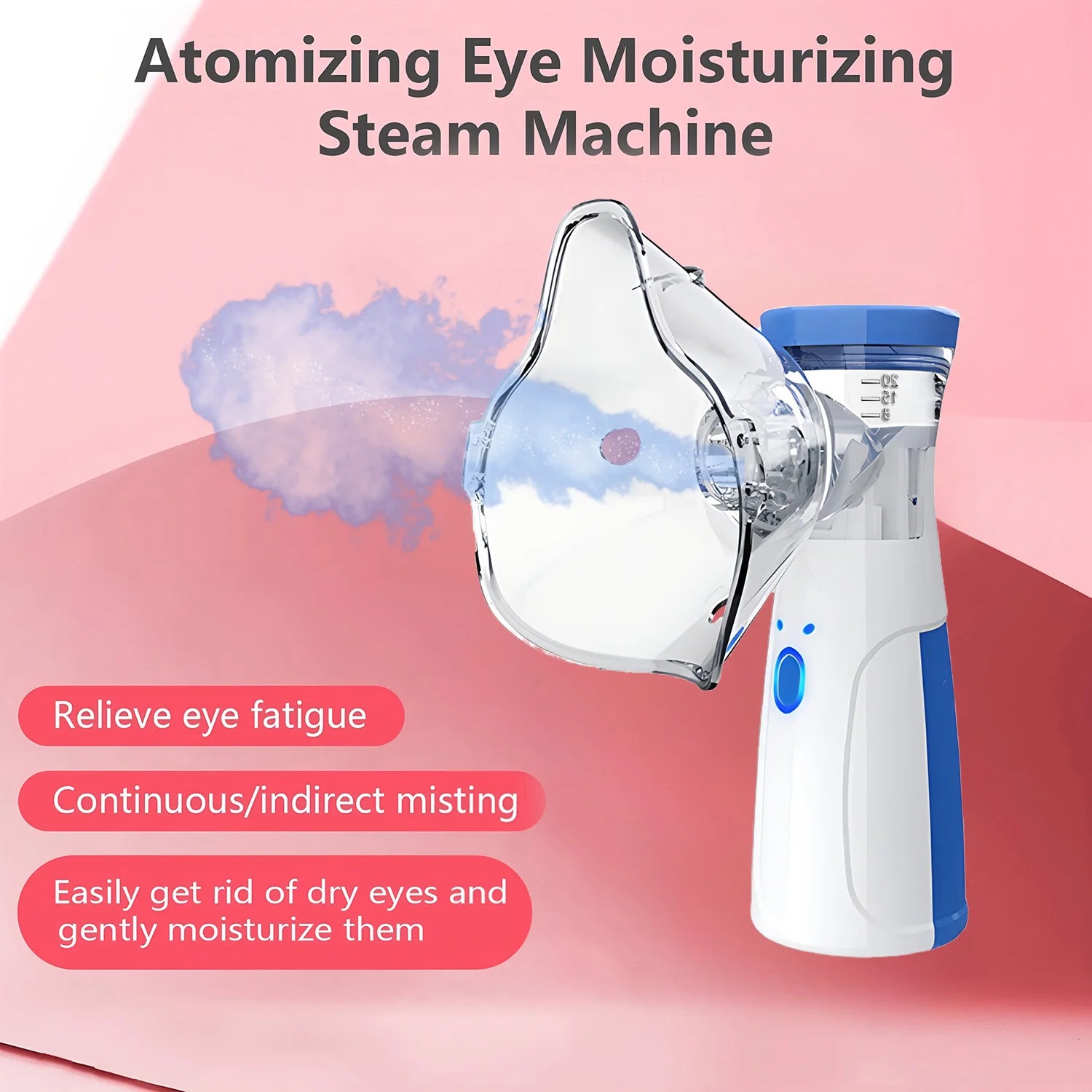 Nano ionic facial and eye steam machine with clear mask for moisturizing, relieving eye fatigue, and unclogging pores.