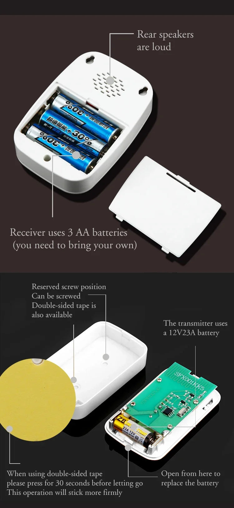 CACAZI 36 music 110DB 300M Wireless Doorbell Waterproof Remote Battery powered Smart Door Bell Battery 1  2 Button 1 2  Receiver