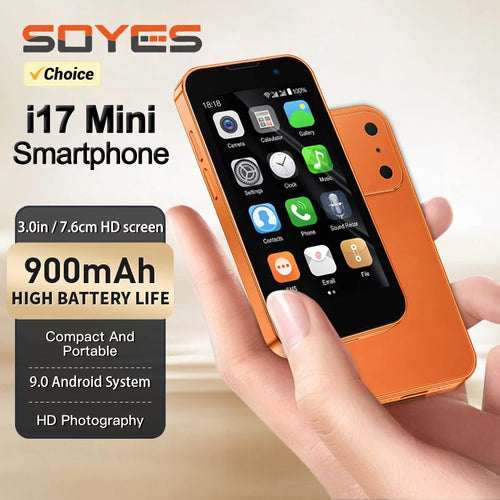 Orange SOYES i17 Mini smartphone, 3-inch Android 9.0 display, dual camera, compact handheld view, 900mAh battery.