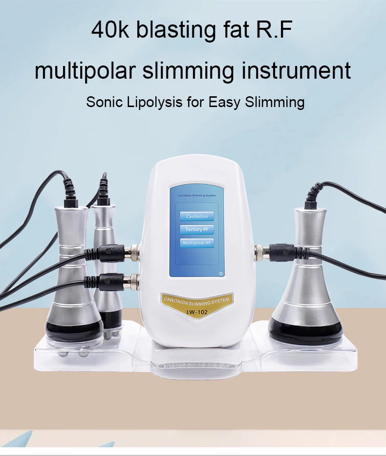 White and silver 3-in-1 cavitation slimming machine with a digital touch screen and three connected treatment heads.