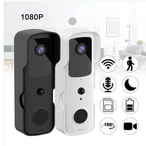 Smart video doorbell camera, black and white housings, front lens and button panel